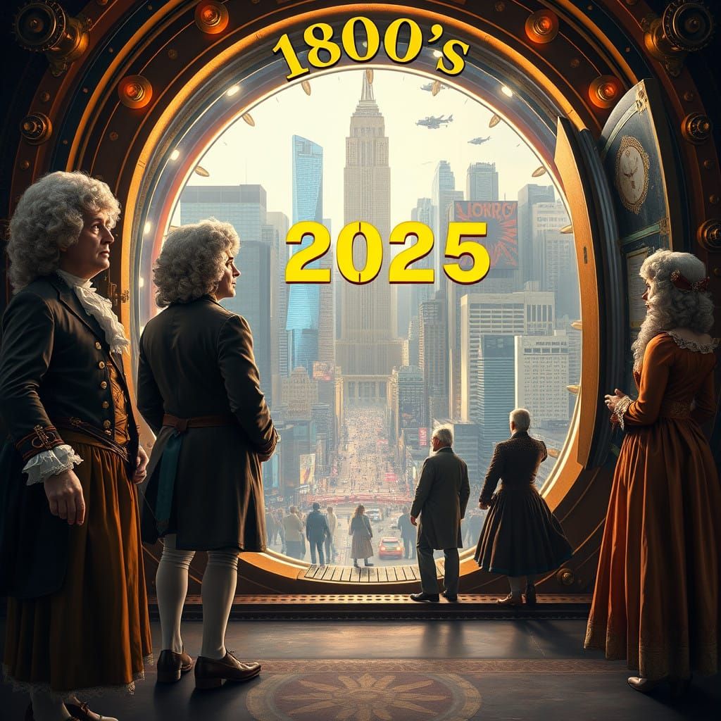 Elegantly Dressed Time Travelers in a Cyberpunk Metropolis