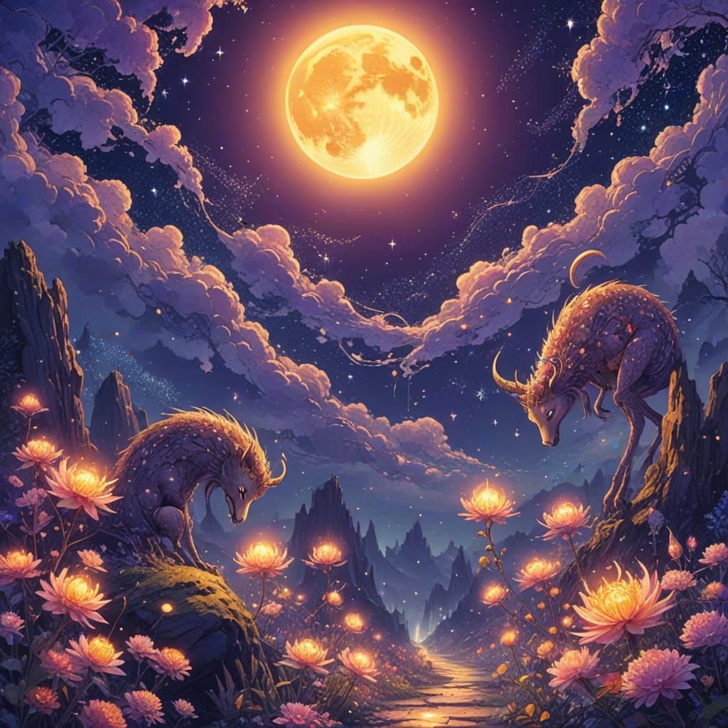 Ethereal Nightsky with Glowing Moon and Twinkling Stars in a...