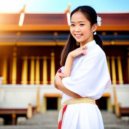 Thai Girl in Kimono at Buddhist Temple Sunset
