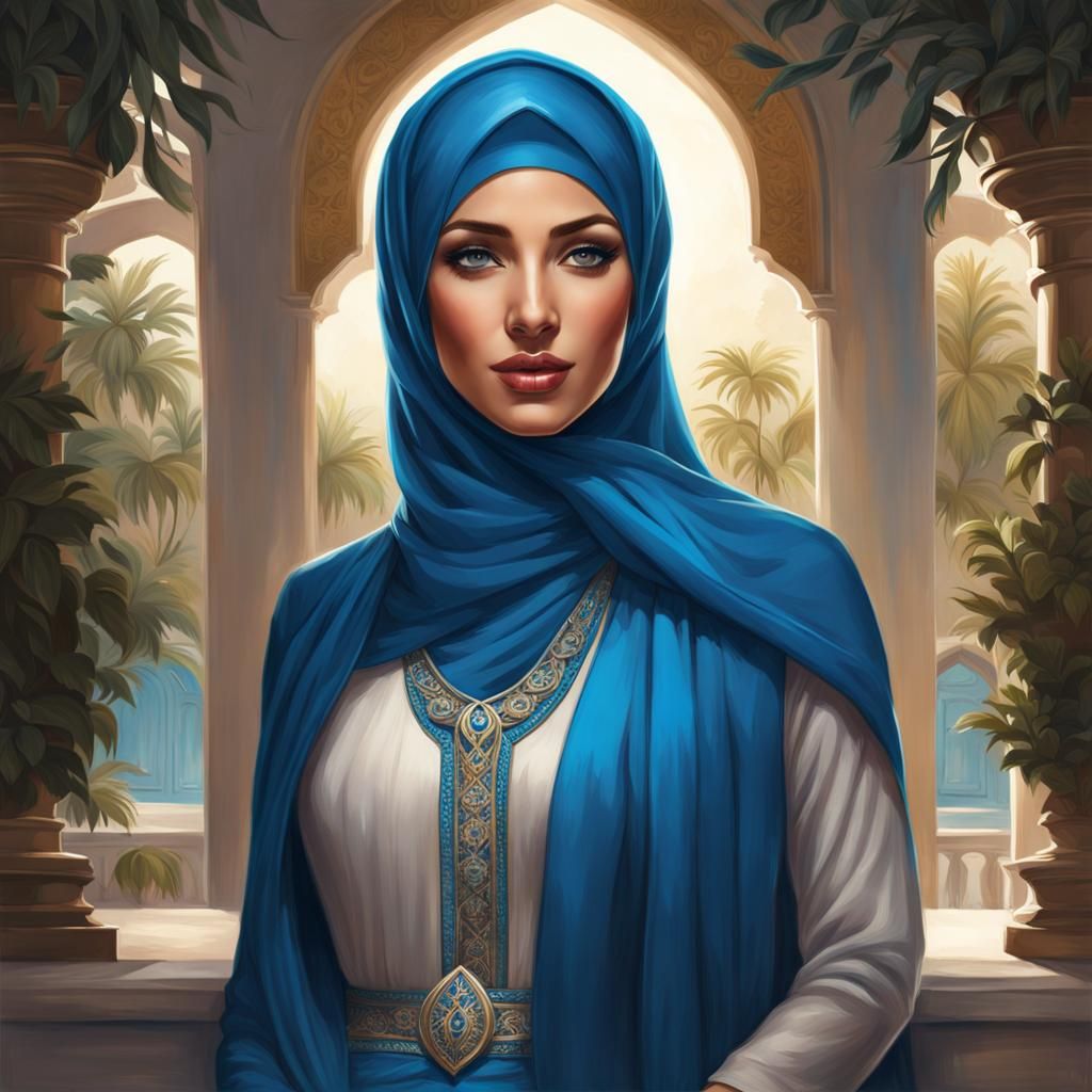 Woman in Blue Hijab Portrait in Character Art Style