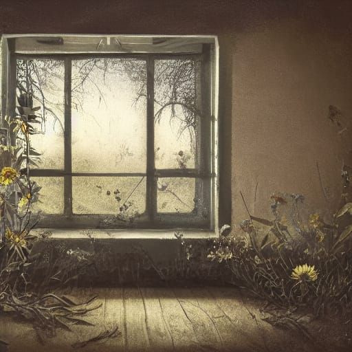 Child Gazes into Mysterious Dusty Attic with Wildflowers