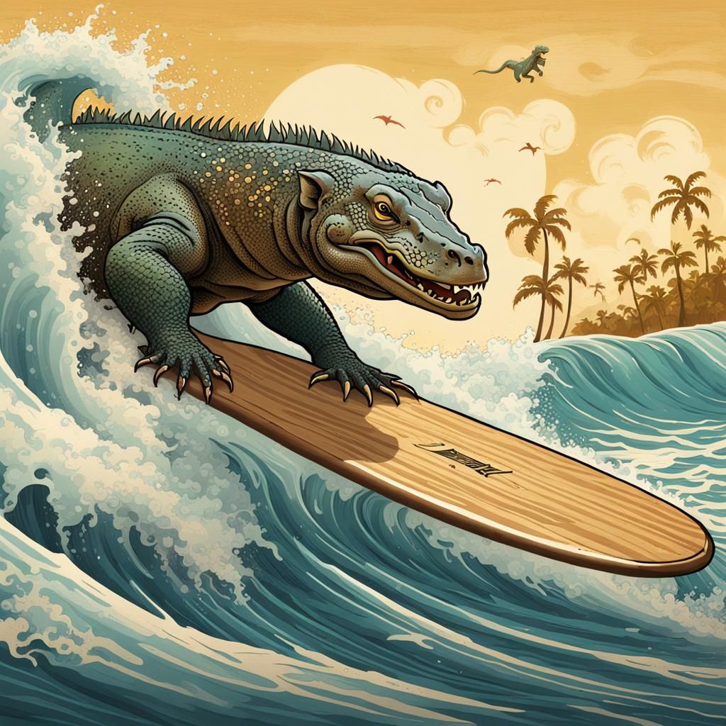 Komodo Dragon Surfing a Wave on Koa Surfboard