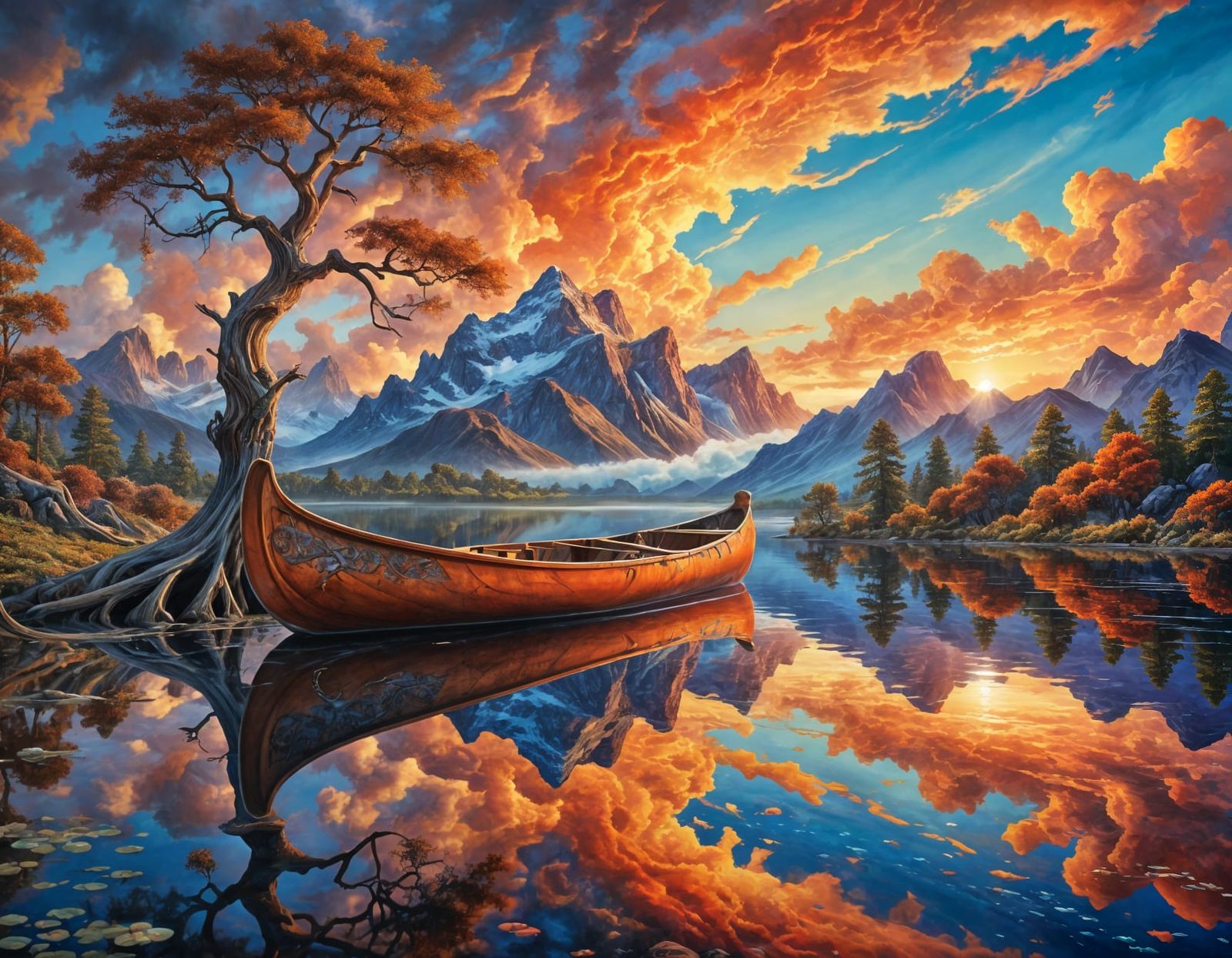 Whimsical Maximalist Lake at Sunset, Oil on Canvas