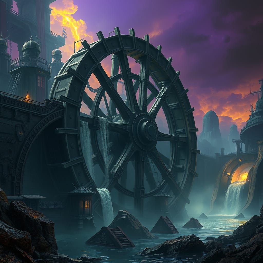 Ethereal Water Wheel in Ancient, Mystical Realm