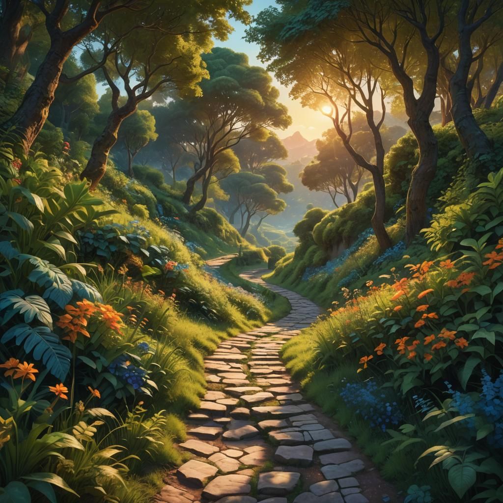 Vibrant Sunset Landscape in Folk Art Style