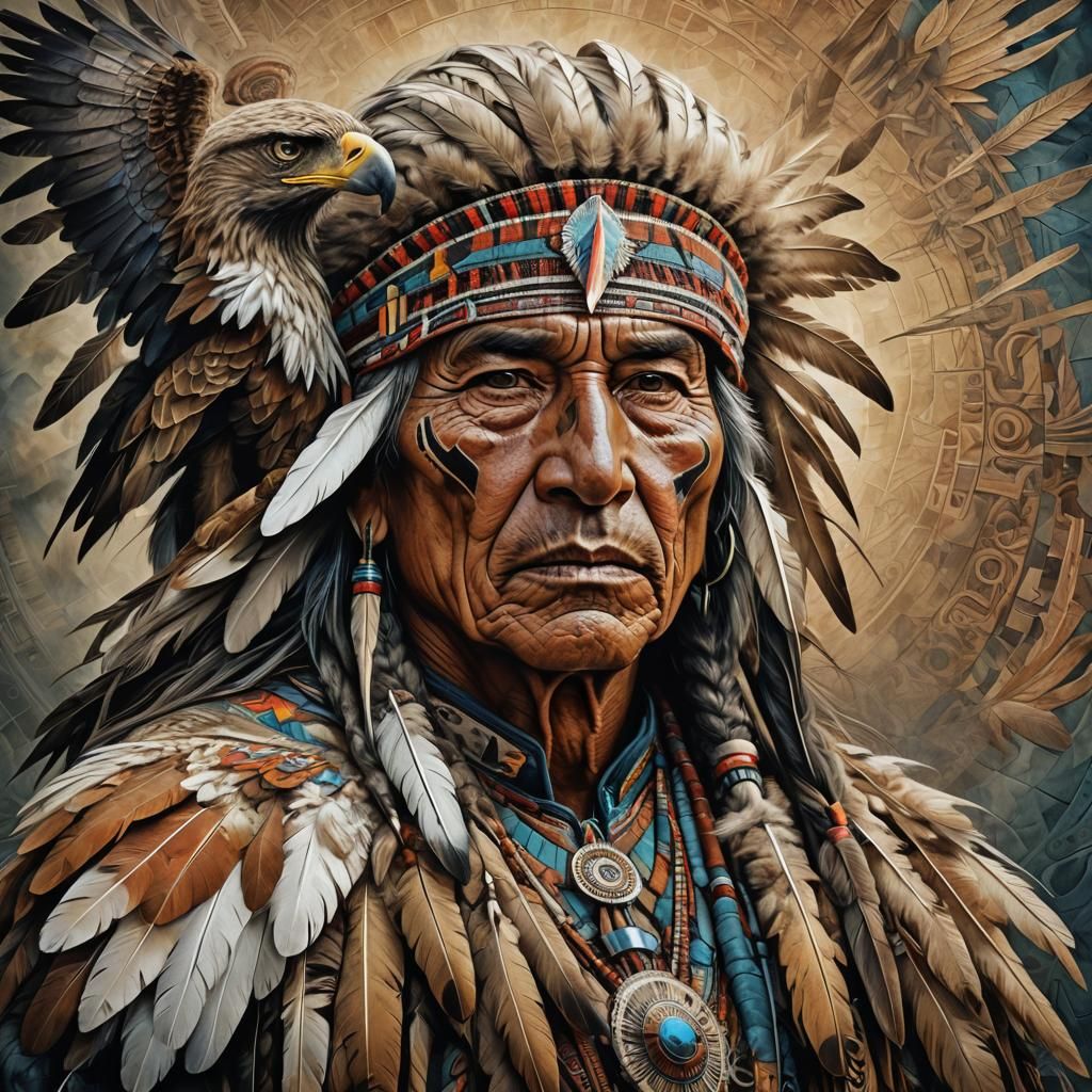 Native American Eagle Portrait in Surreal Abstract Style