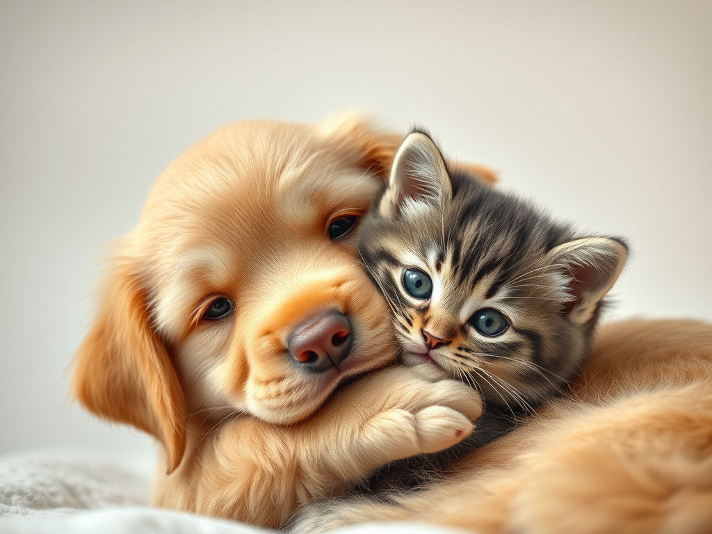 Golden Retriever Puppy and Kitten Embrace