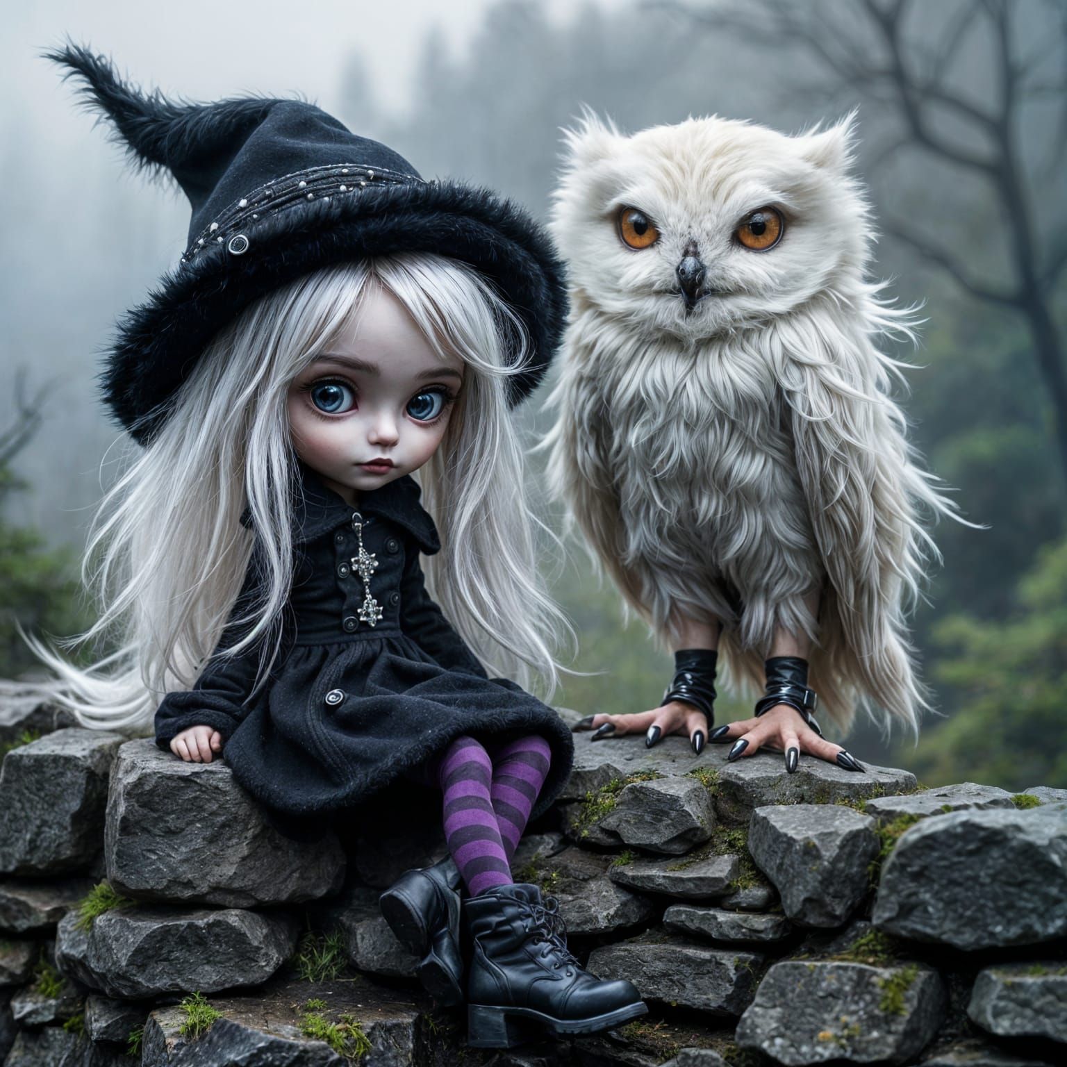 Gothic Blythe Child with Owl: Surreal Oil Painting