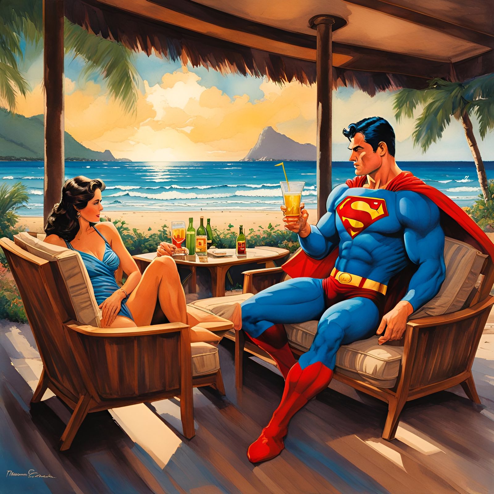 Superman's Hawaiian Beach Vacation in Watercolor Style
