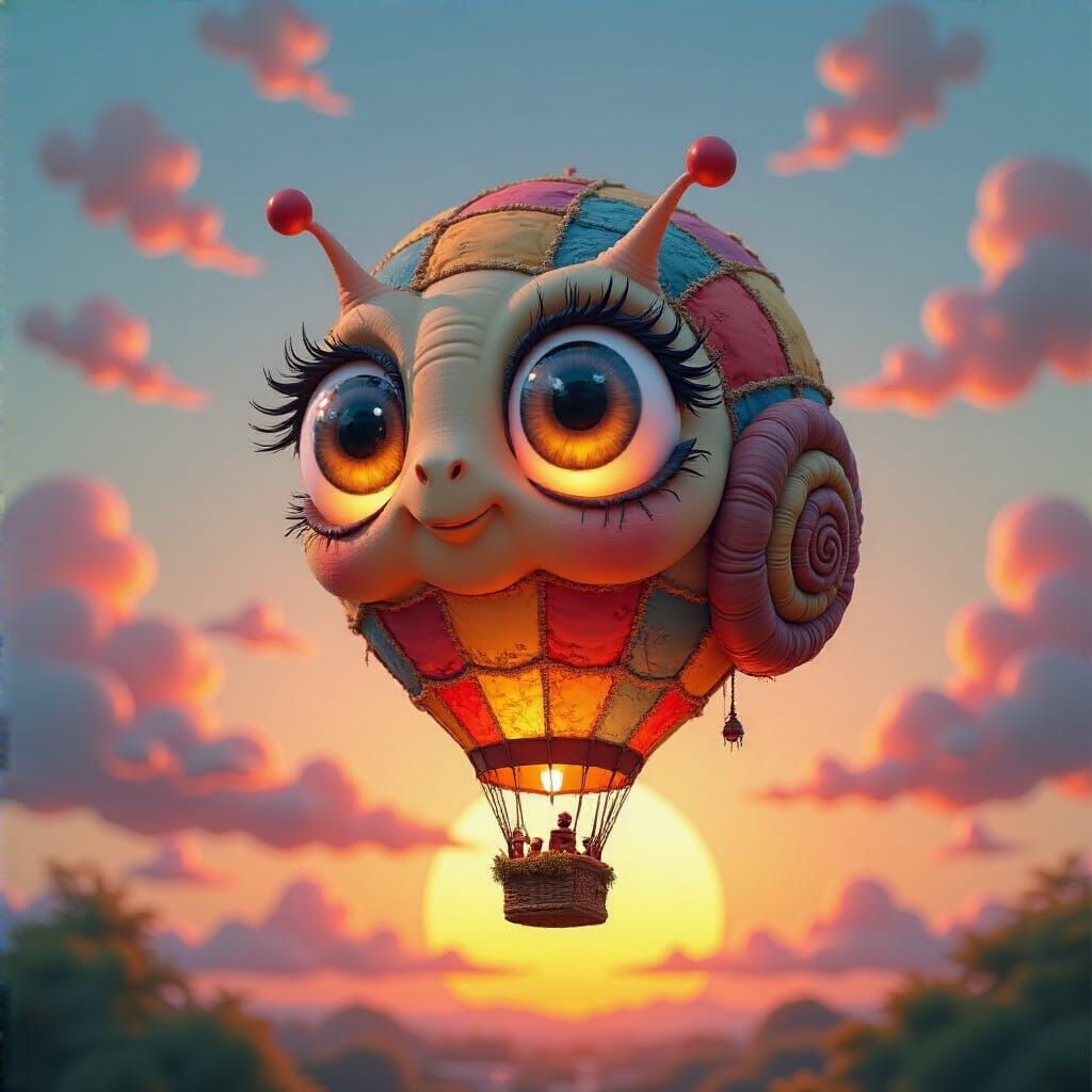 Cute Snail Hot Air Balloon at Vibrant Sunset