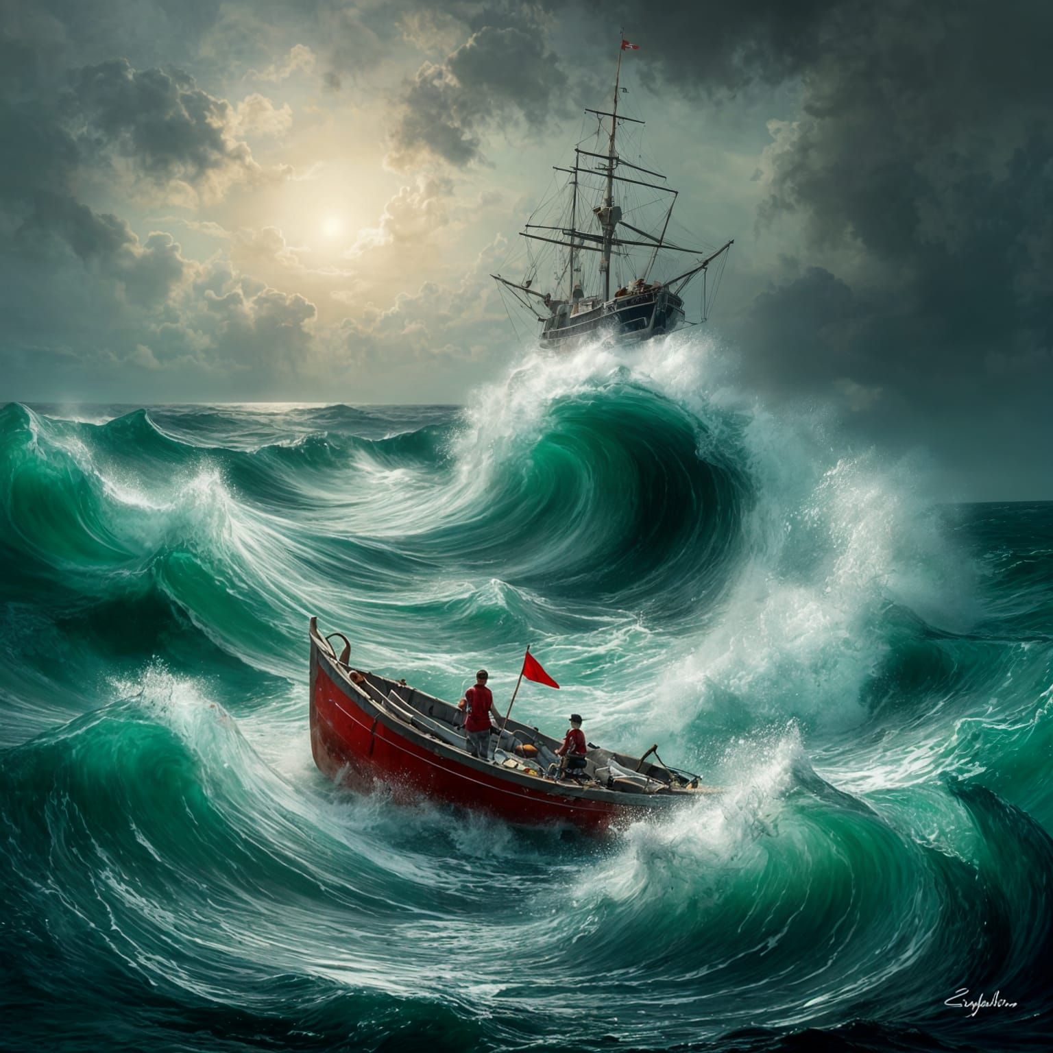 Stormy Ocean Scene with Red Boat and Searchlight