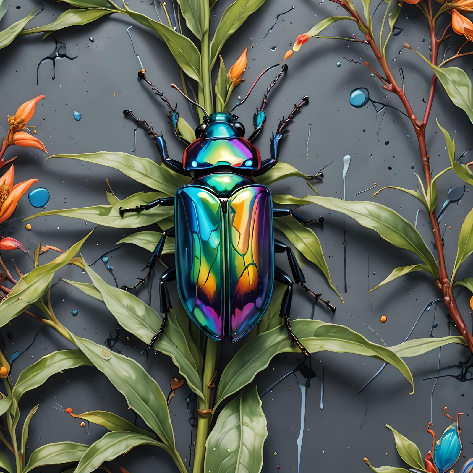 Iridescent Beetle on Milkweed in Graffiti Art Style