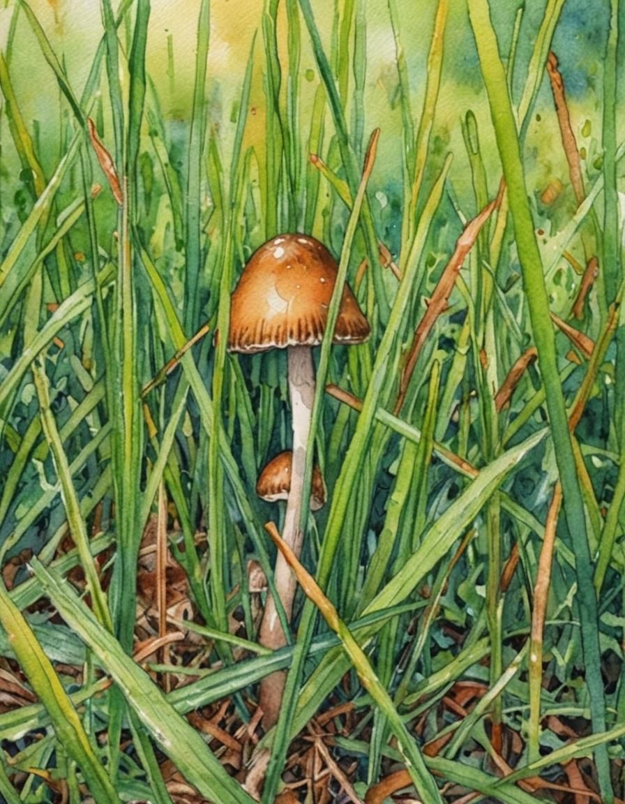 Whimsical Watercolor Mushroom in Giant Grass Field