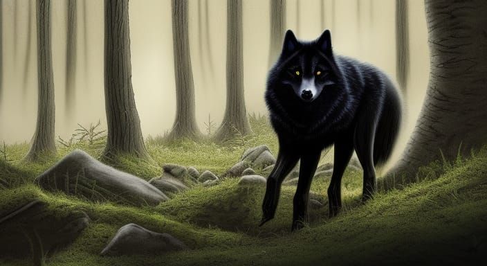 Hyperrealistic Black Wolf in Dark Forest, Art Nouveau