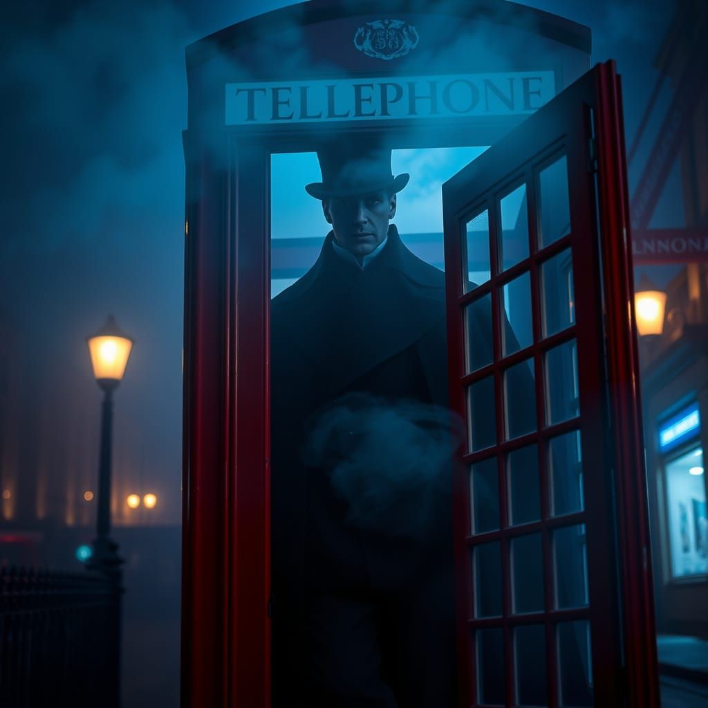 Mysterious Victorian Figure in Foggy London Telephone Booth