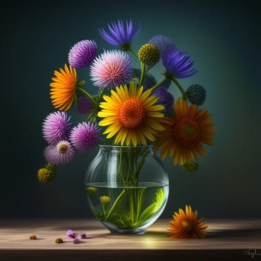 Wildflowers in Glass Vase: Detailed Matte Painting