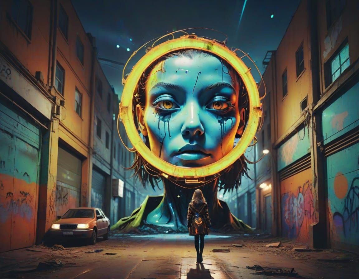 Surreal Cityscape with Glitch Art and Neon Accents