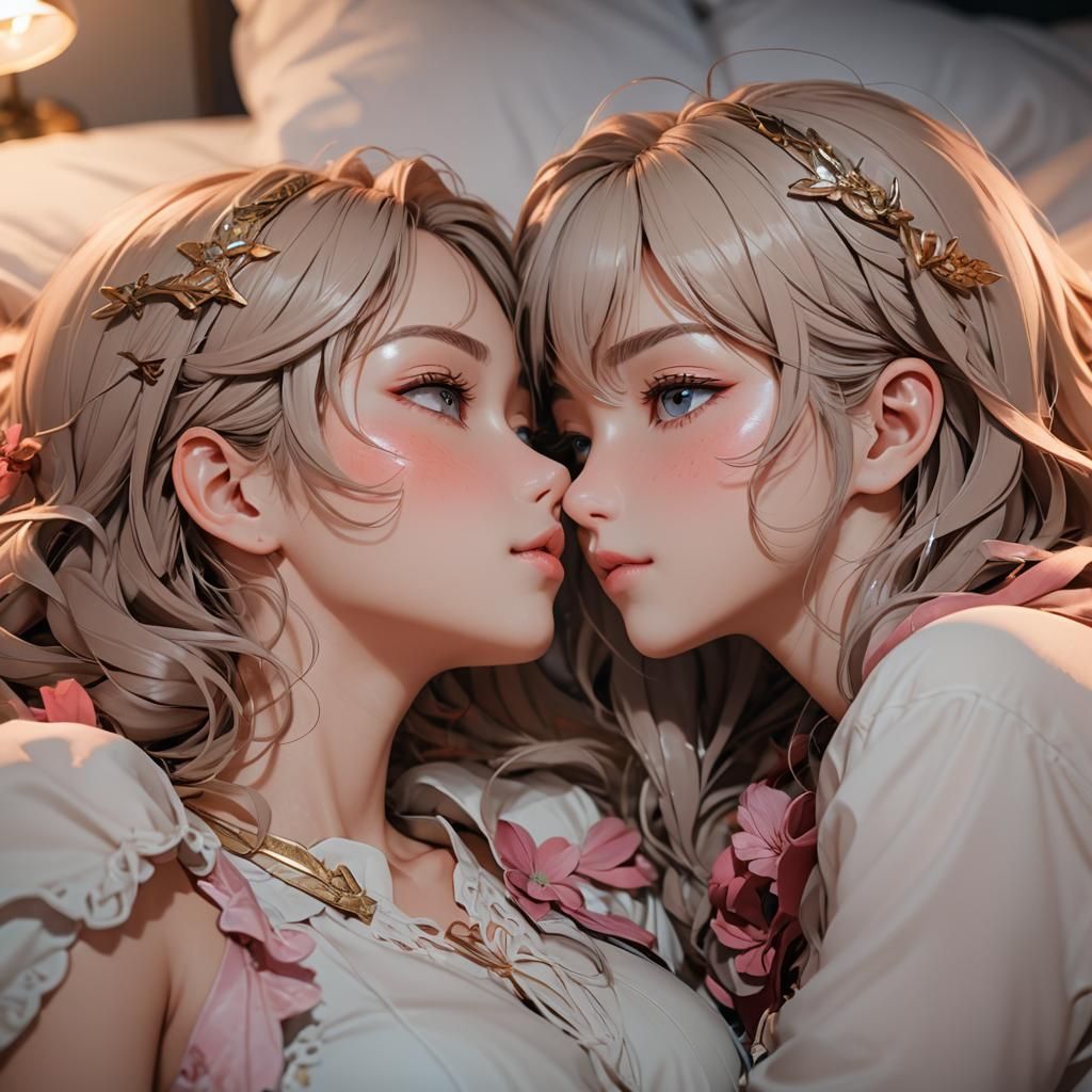 Romantic Anime Girls Kiss in 3D Art