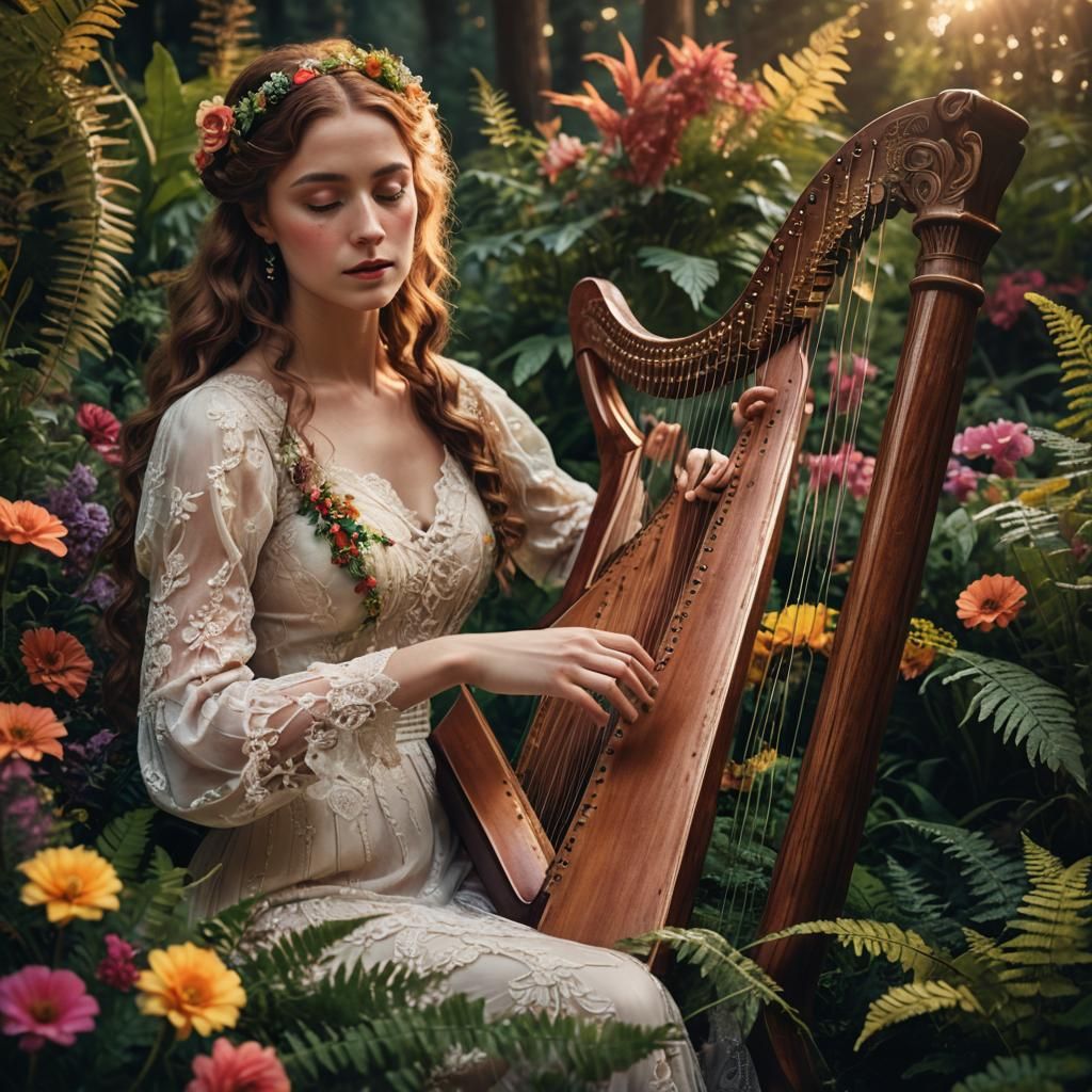 Victorian Woman Plays Harp in Golden Hour Glow