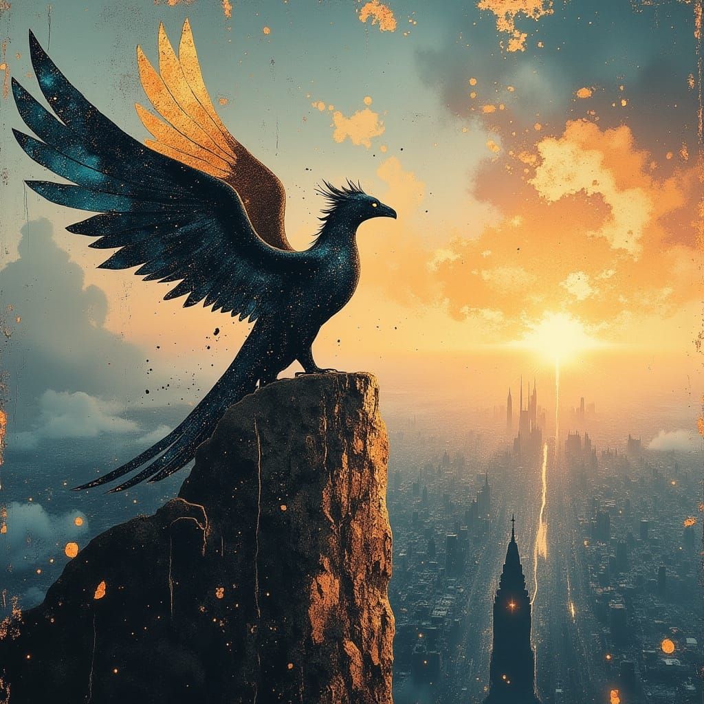 Griffin Overlooking Futuristic City at Dusk