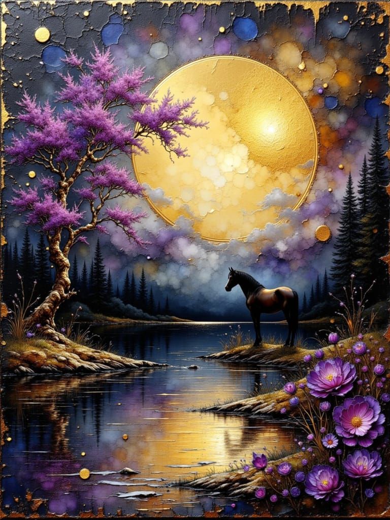 Horse by Lake Under Moonlight in Textured Gold Painting