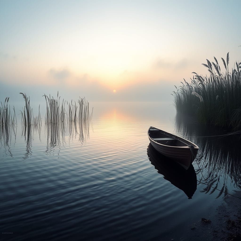 Serene Lakeside Rowboat at Dawn in Photographic Realism