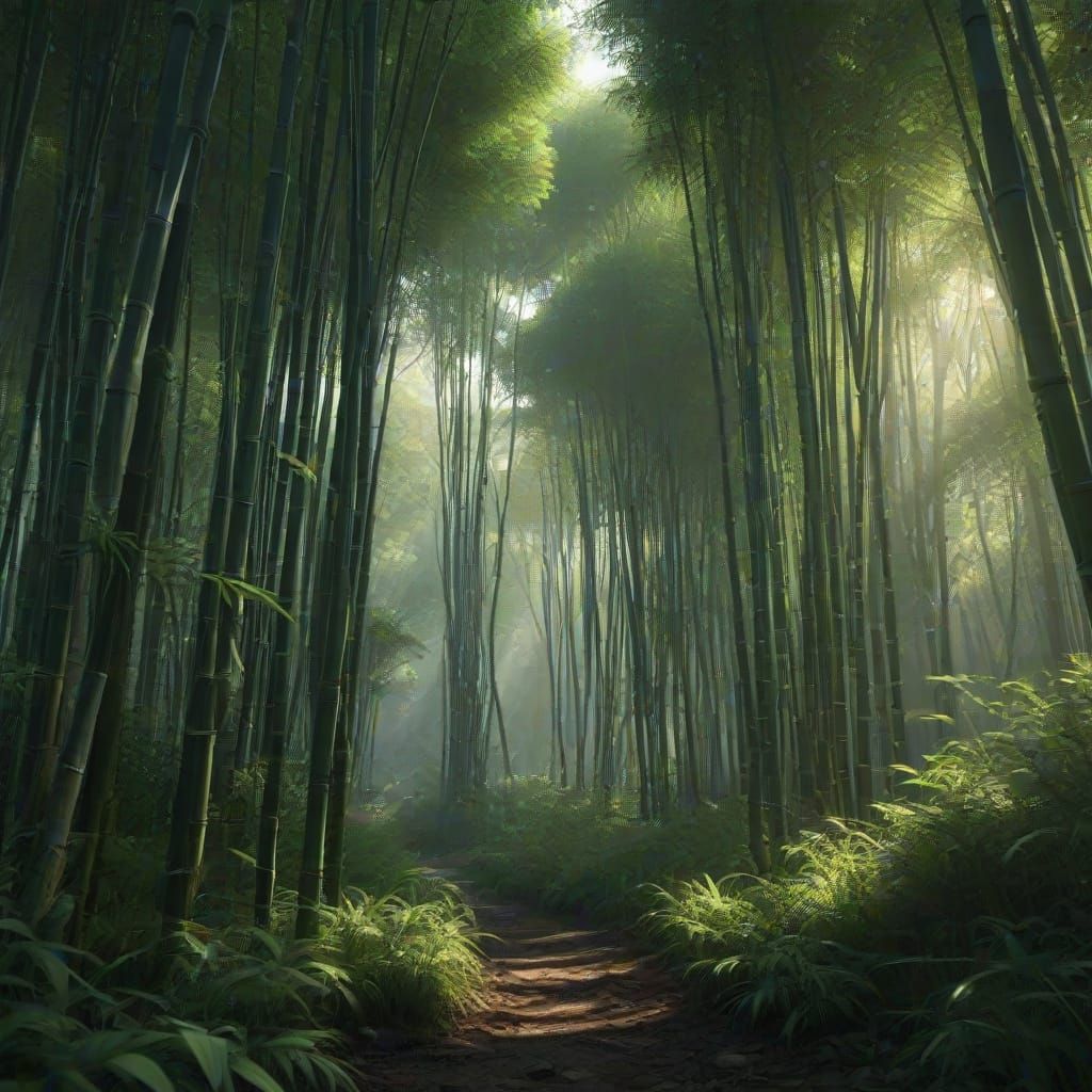 Magical Bamboo Forest with Sunlight Filtering Through