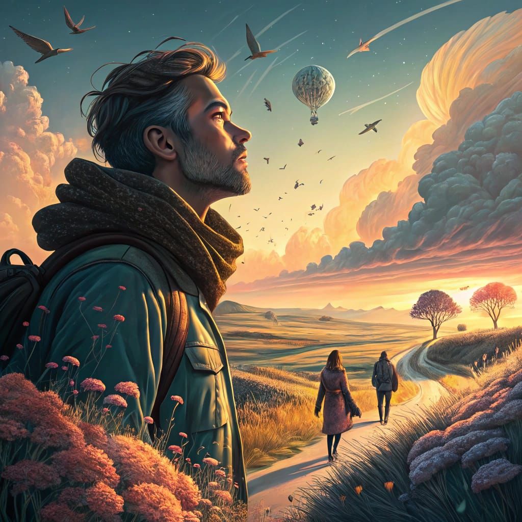 Surreal Landscape with Flying People in Hyperrealism