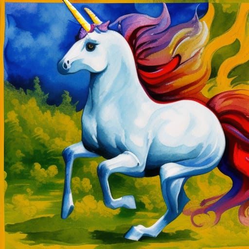 Unicorn Running from Fire: Gouache Watercolor Painting