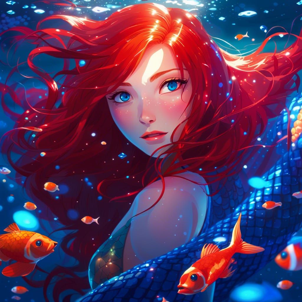 Anime Mermaid with Crimson Hair Undersea