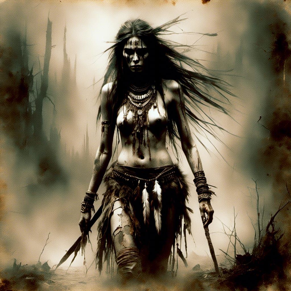 <lora:Macabre:1.0> ghosts of native americans, Luis Royo style