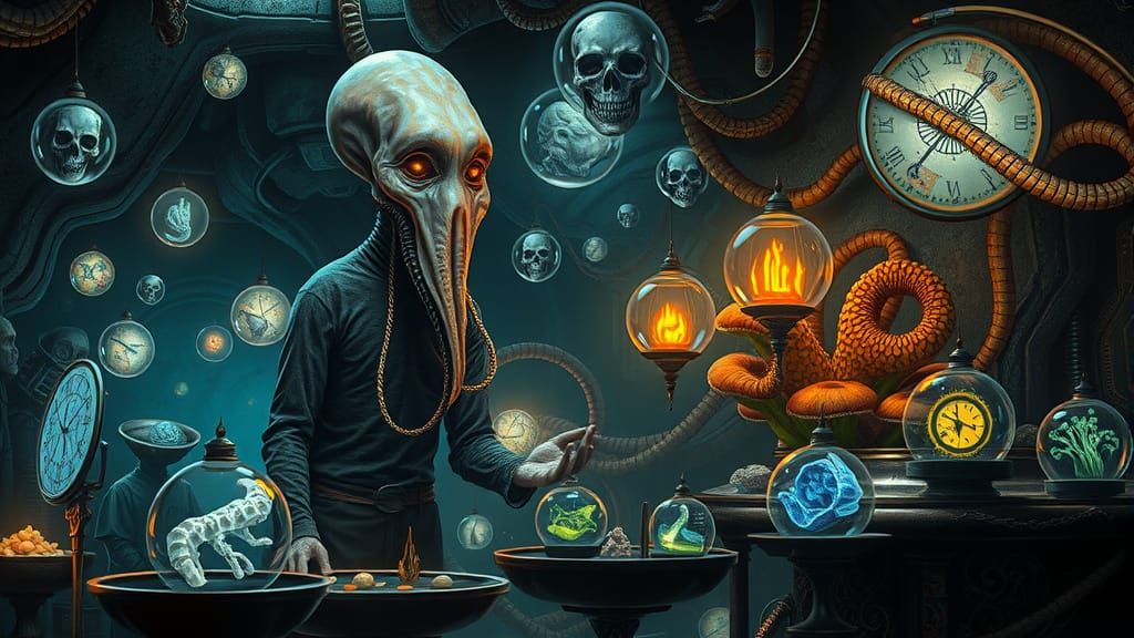 Alien Market with Bioluminescent Fungi in Retro-Futuristic S...