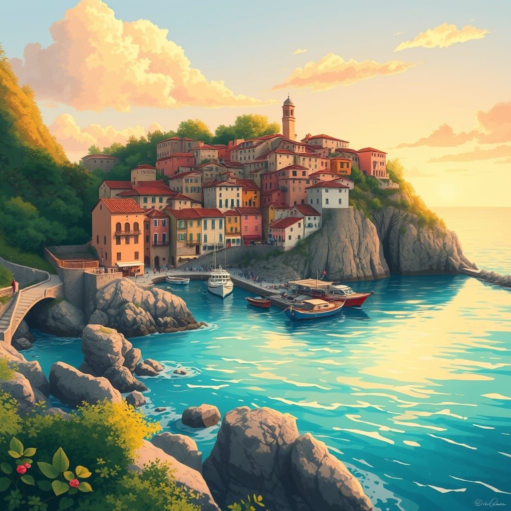 Whimsical Italian Fishing Village at Sunrise