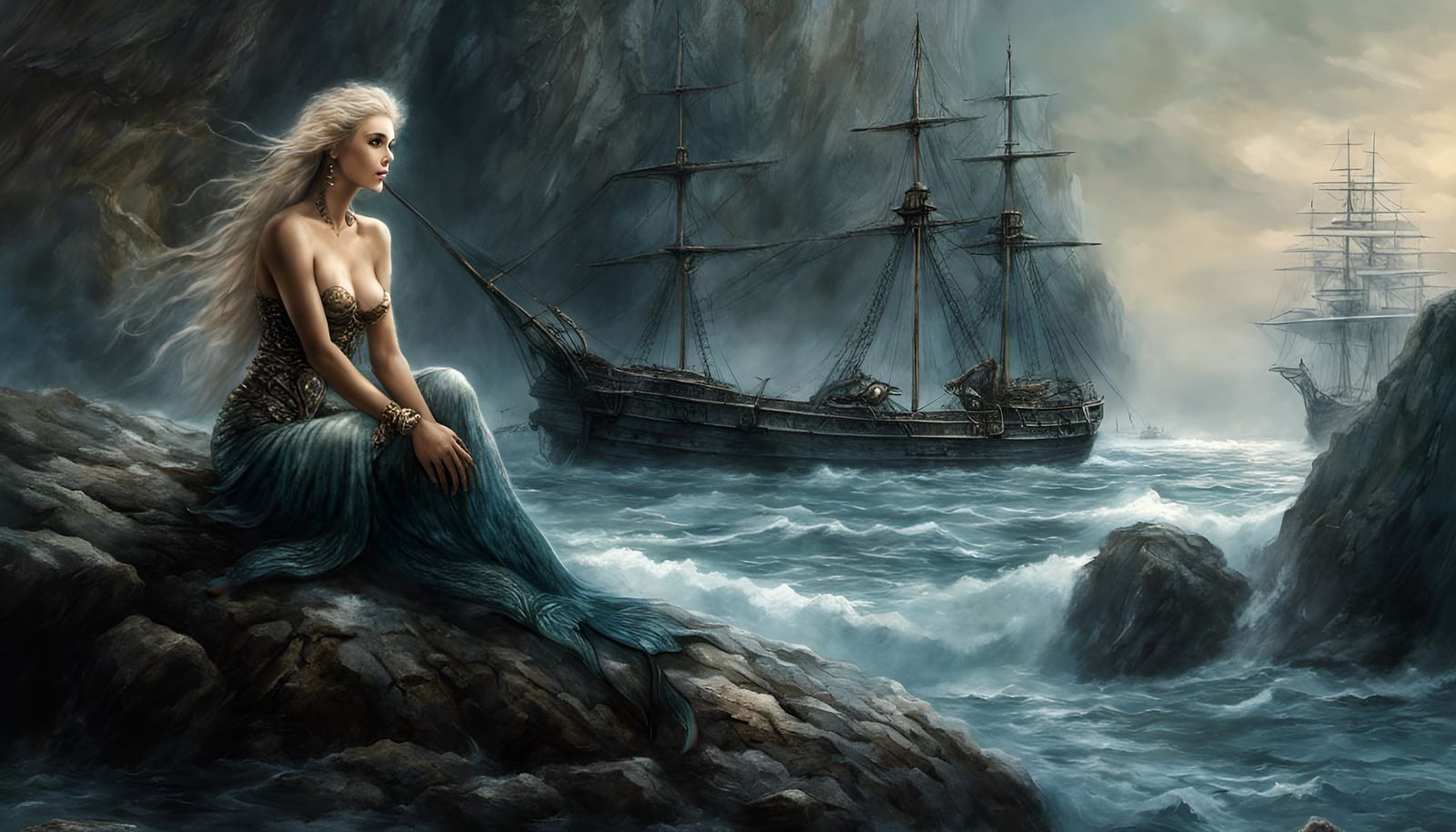Mermaid on Rocks with Shipwreck: Dark Fantasy Art