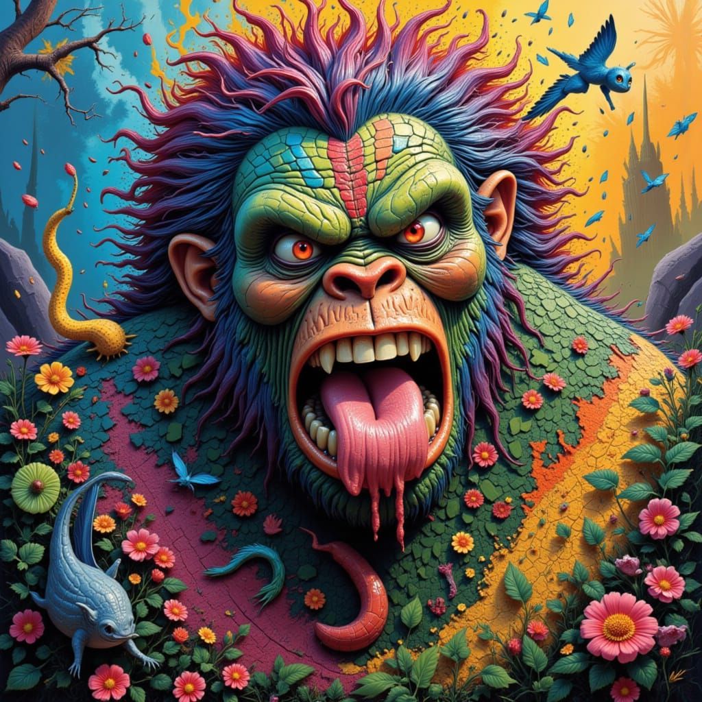 Vibrant Abstract Mosaic Artwork of King Kong in Byzantine St...