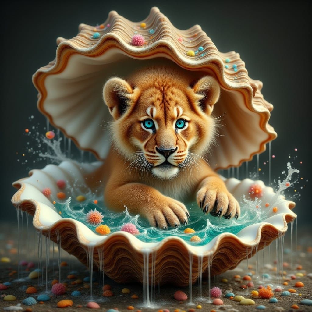 Lion Cub Emerges from Seashell