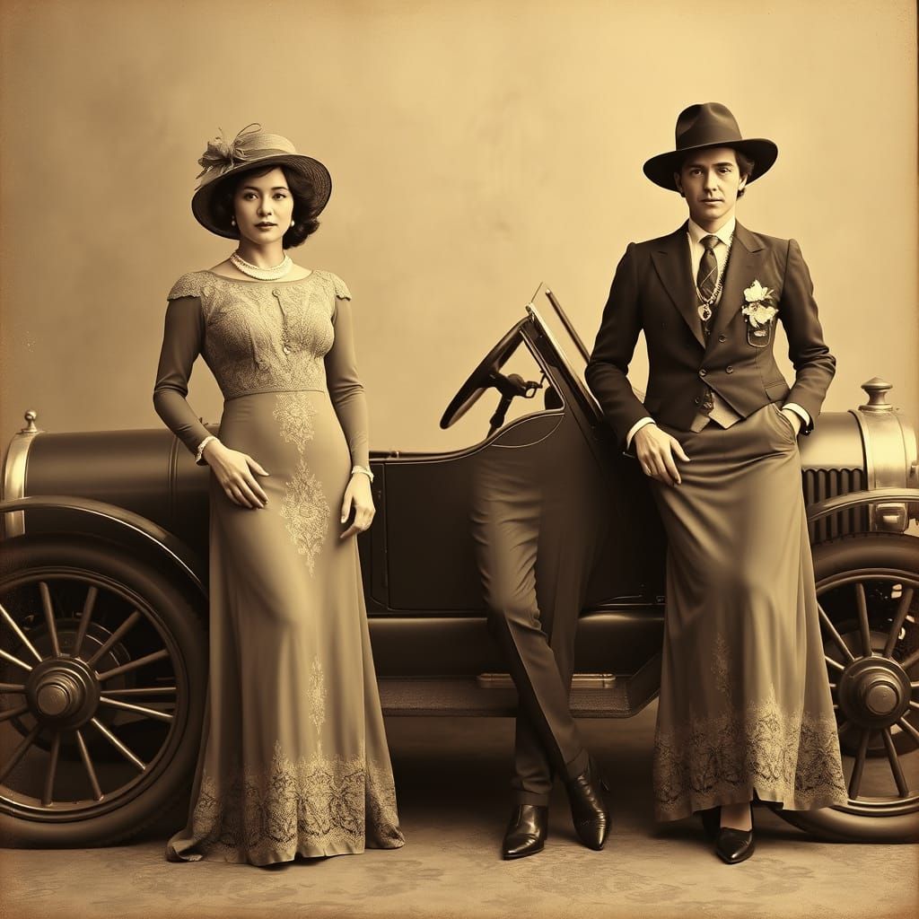 Edwardian Women and Gentlemen in Vintage Roadster