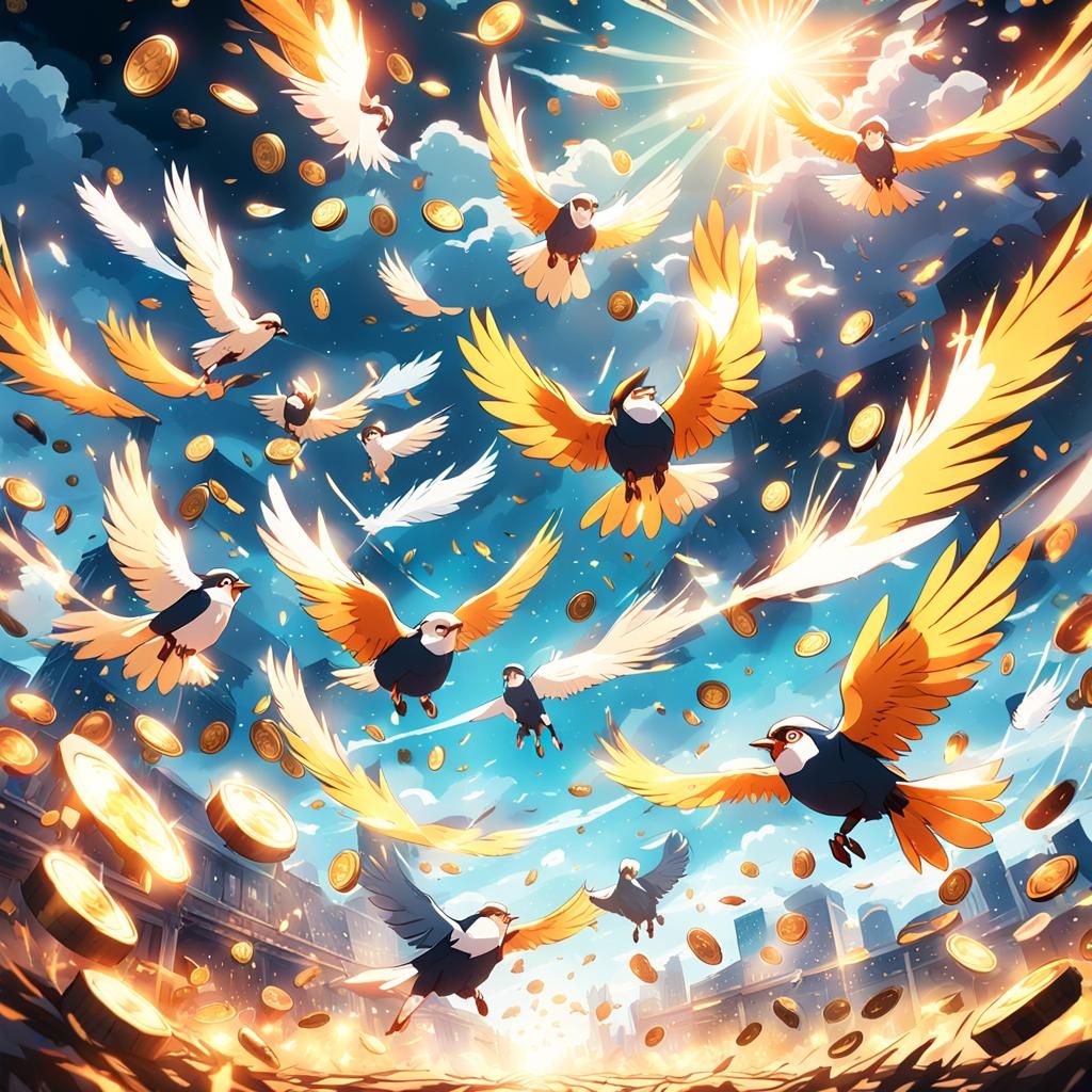 Action Scene: Coins Flying Through Sky Hitting Birds