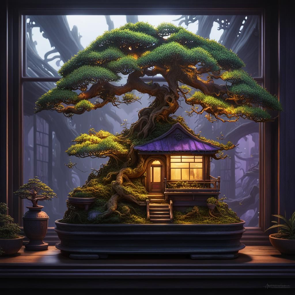 Overgrown Bonsai Tree with Miniature Home, Dark Fantasy Art