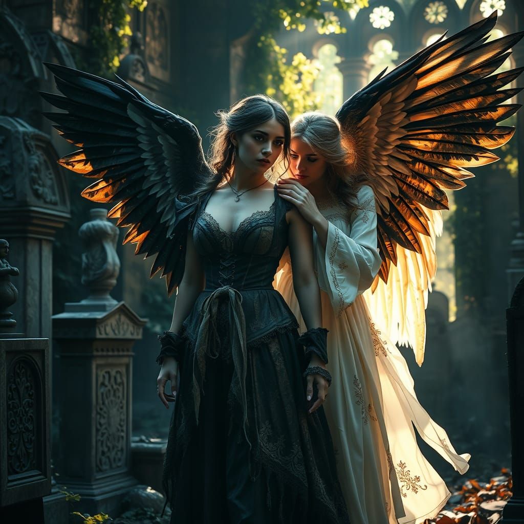Dark Angel Comforted in Ruined Gothic Graveyard