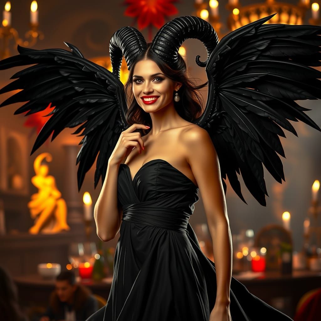 Supermodel Demoness with Wings at a Bacchanal