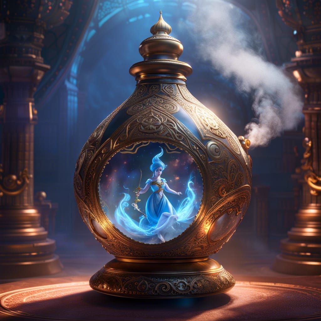 Elegant Genie Trapped in Bottle: Fantasy Art