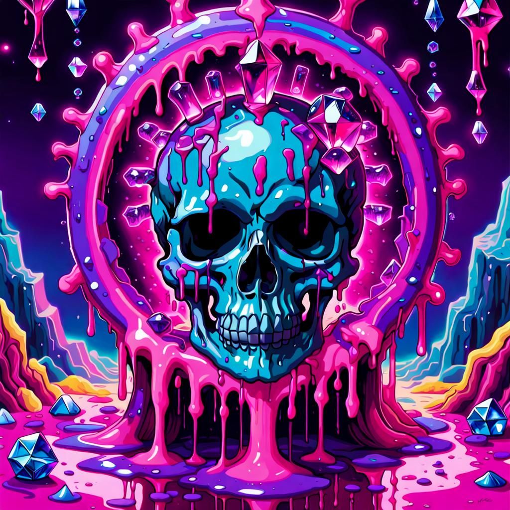 Neon Pink Skull with Crystals in Lisa Frank Style