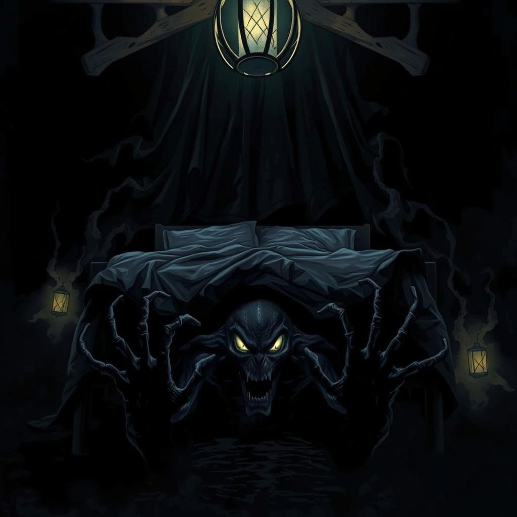 Terrifying Monster Lurks Under Bed in Dark Fantasy Style