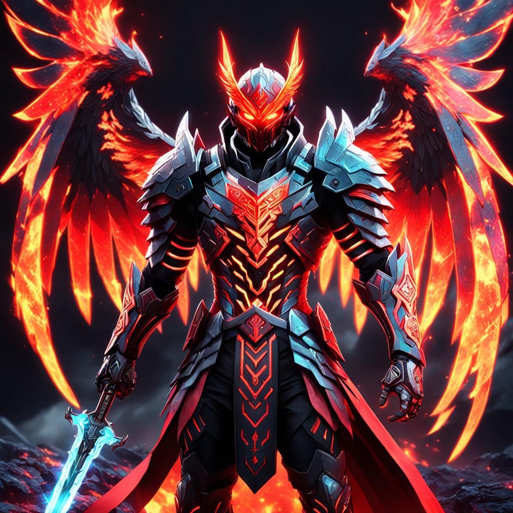 Epic Anime Assassin with Fire Wings and Rune Sword