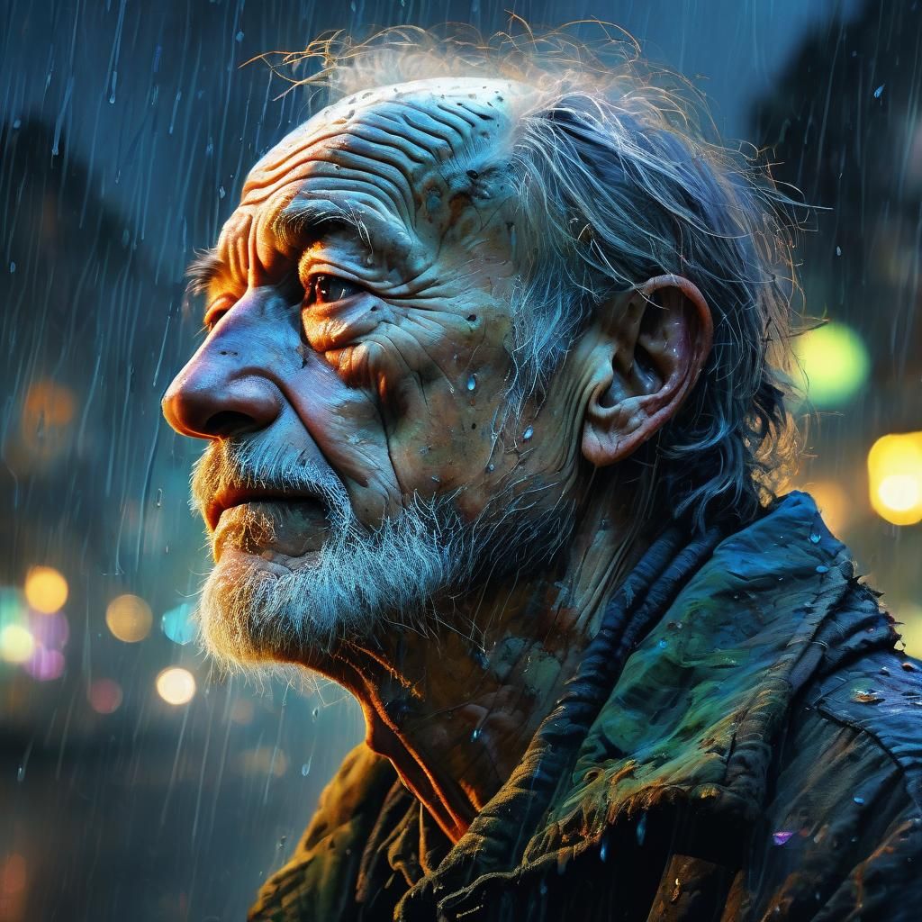 Rainy Night Sentinel in Vibrant Mixed Media