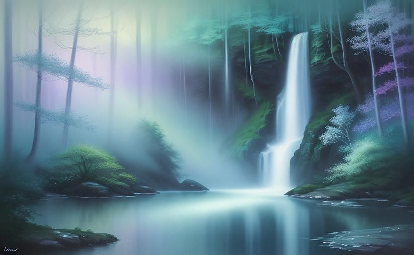 Unicorn at Sparkling Waterfall in Misty Glade