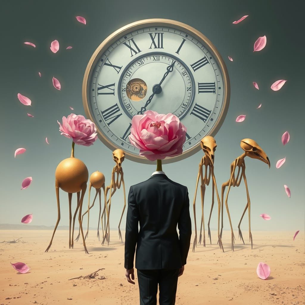 Surreal Desert Scene with Clock and Dreamlike Figures