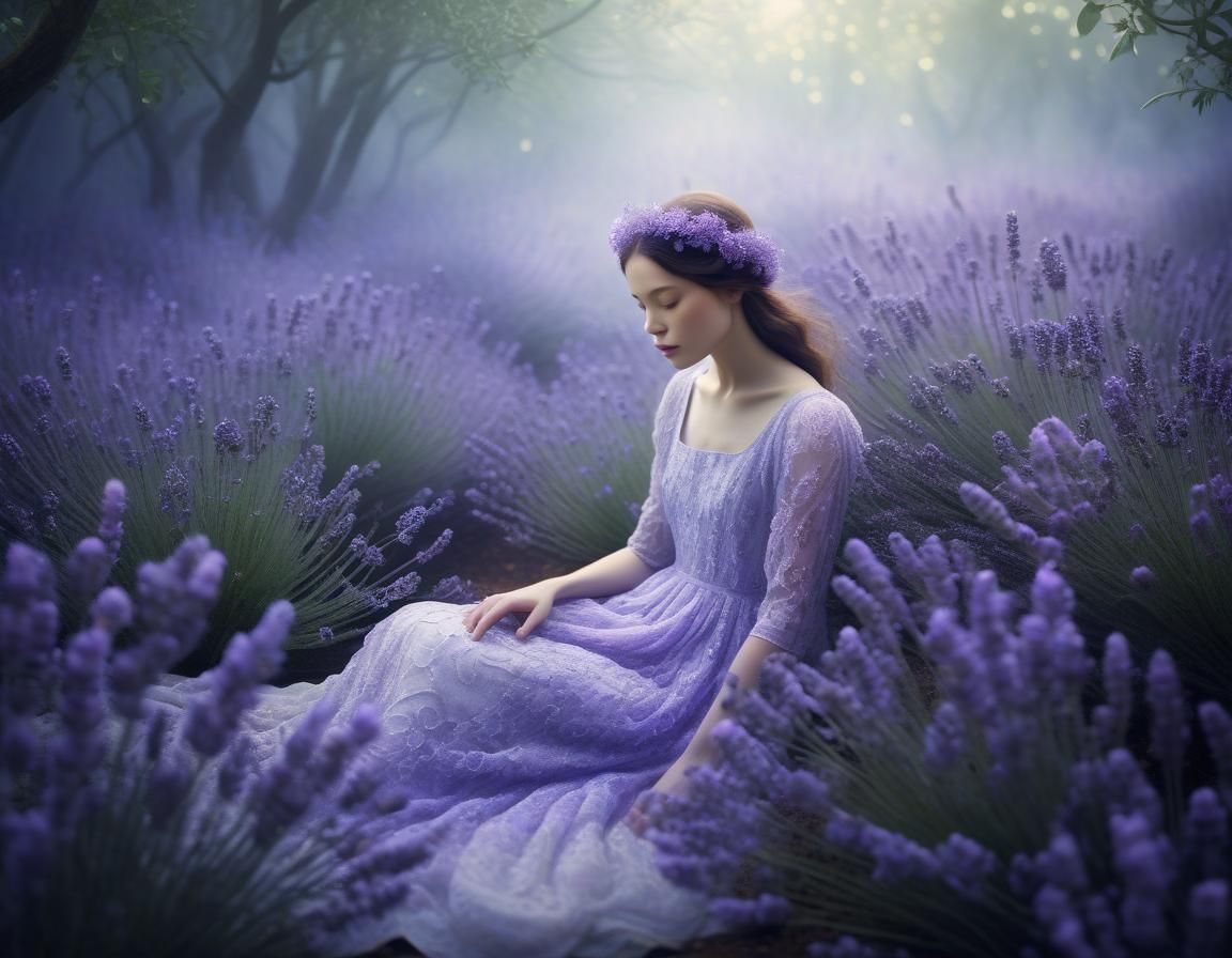 Ethereal Lavender Garden Dreamscape in Polaroid Style