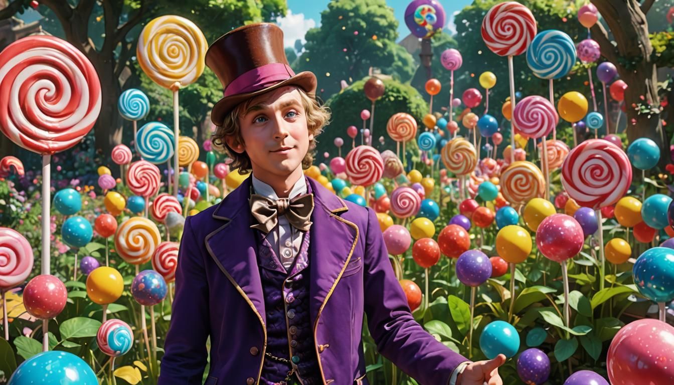 Willy Wonka in Anime Style Garden, 3D Art